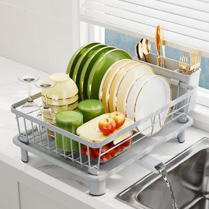 Dish Drainer Rack with Drip Tray, Sink Dish Drainer with Drainage Spout, Stainless Steel Dish Drying Rack with Cups, Utensil & Cutting Board Holders for Kitchen Counter Space-Saving, Grey - color: Gray