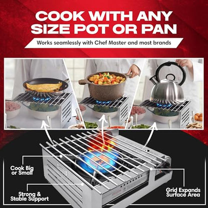 Chef Master Butane Stove Cover - Premium Stainless Steel Universal Fit - Any Standard Size Camping Stove - Portable Screen & Camping Wind Blocker - Camp Essentials for Outdoor & Indoor Cooking 90217 - size: Stainless Steel