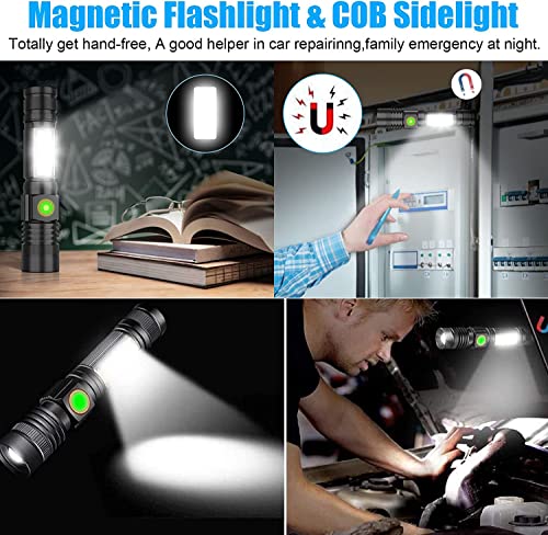 Hoxida USB Rechargeable Flashlight, Magnetic LED Flashlight, Super Bright LED Tactical Flashlight with Cob Worklight,Waterproof,Zoomable Best Small LED Flashlight for Camping, Emergency Flashlight - color: 2pack flashlight with box