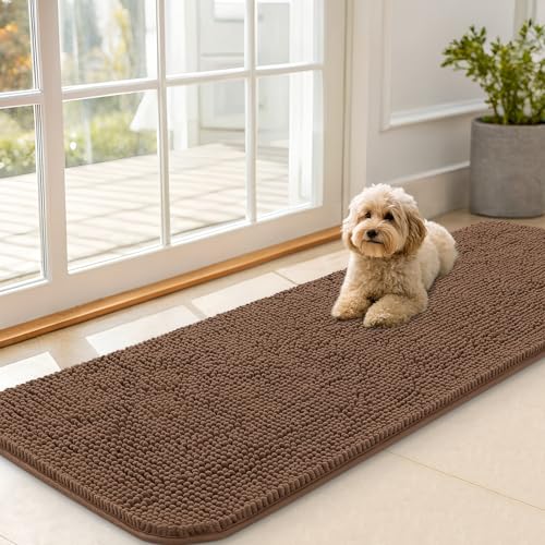 OLANLY Dog Door Mat for Muddy Paws 59x20, Absorbs Moisture and Dirt, Absorbent Non-Slip Washable Doormat, Quick Dry Chenille Mud Mat for Dogs, Entry Indoor Entryway Carpet for Inside Floor, Mocha - color: Mocha, size: 59" X 20"