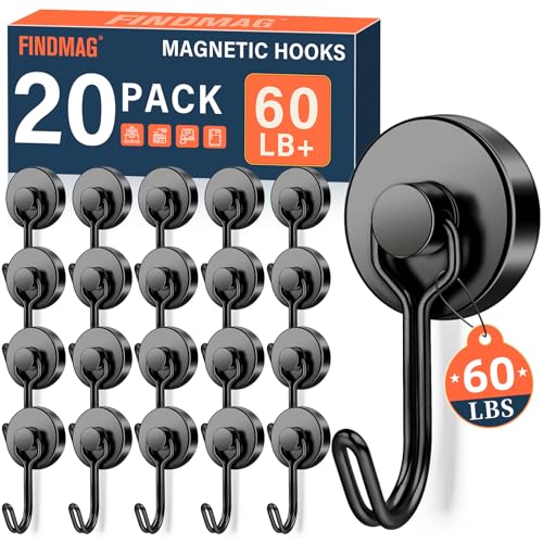 FINDMAG 20 Pack Magnetic Hooks, 60lbs+ Magnetic Hooks Heavy Duty, Strong Neodymium Magnet with Hook for Hanging, Black Magnet Hooks for Classroom, Workplace, Refrigerator, Cruise Ship Essentials - color: Black, size: 20Pack 60Lbs+
