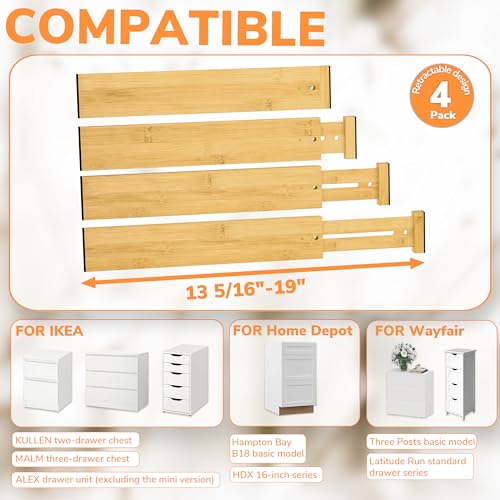 BAMEOS Bamboo Expandable Drawer Dividers – Fits 13.3"–19" Drawers, 2" High, Set of 4 | Spring-Loaded Bamboo Separator for Kitchen Island, Bathroom Vanity & Dresser Drawers - size: 2''H, 13.3''-19''L