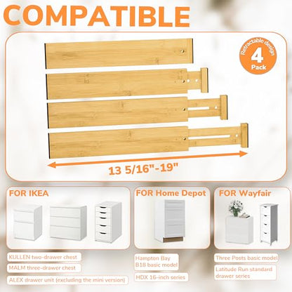 BAMEOS Bamboo Expandable Drawer Dividers – Fits 13.3"–19" Drawers, 2" High, Set of 4 | Spring-Loaded Bamboo Separator for Kitchen Island, Bathroom Vanity & Dresser Drawers - size: 2''H, 13.3''-19''L