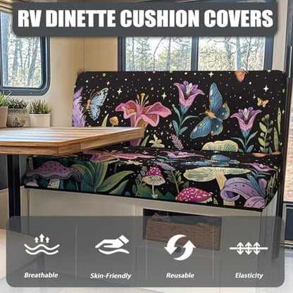 Butterfly Tulip Floral Mushroom Starry Pattern RV Dinette Cushion Covers Stretch Sofa Seat Slipcovers Replacement Camper Cushions Cover for RV Camper 2Pcs Backrest & Bench Cover, 2 Sets - color: Butterfly Tulip Floral Mushroom Starry