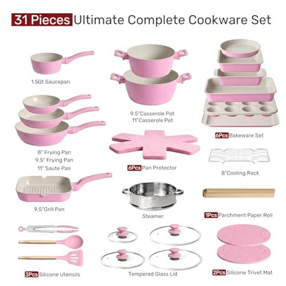 Kikcoin Pots and Pans Set Non Stick 31 Piece Kitchen Nonstick Cooking Cookware Sets with Grill Pan Saucepan Baking Sheet Utensil, Pink - color: Pink&White