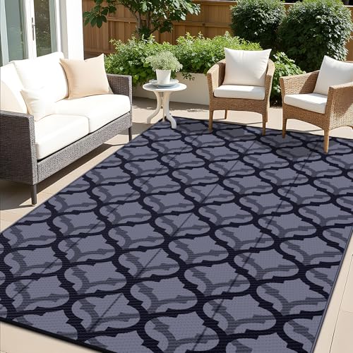OLANLY Reversible Outdoor Rug 8x10 ft Clearance, Waterproof Outdoor Plastic Straw Rug with Interlacing Pattern, RV Mat for Patio, Camping, Balcony, Deck, Backyard, Black & Grey - color: Black & Grey, size: 8' X 10' (Rectangular)