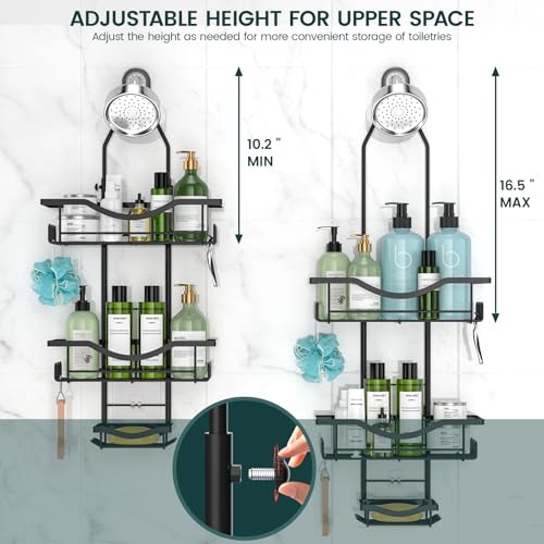 Shower Caddy Hanging Adjustable Shower Caddy, Rustproof Shower Organizer Extended Length Shower Caddies Over Shower Head with Hooks Soap Holder, Large Capacity Anti-Swing Bathroom Storage, Black - color: Black