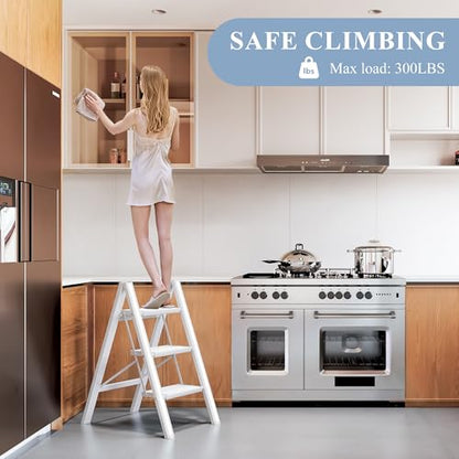 3 Step Ladder, Folding Step Stool with Wider Pedal, Anti-Slip Feet & Non Slip Stripes, Aluminum Sturdy Material, 300Lbs Capacity, Elegant Look of Modern White Better Matches Your Home - color: White, size: 3 Step