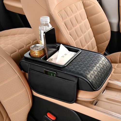 Car Center Console Cover, Auto Car Armrest Cushion 5-in-1 with Cup Holder, Tissue Box Slot, Phone Slot for Vehicle, Car Accessories Interior Storage Organizers (Black) - color: Black