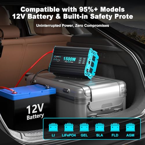1500 Watt Pure Sine Wave Inverter, 12V DC to 120V AC Inverters for Car, RV, Truck, Home, Camping, Solar Power Inverter with 3 AC Outlet, 30W USB-C, 5V 3.1A USB, Remote Control, Surge 3000W - color: Black+Blue, size: 12V-1500W Pure Sine Wave Inverter