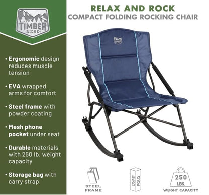 Timber Ridge Folding Rocking Camping Chair - Portable Outdoor Rocker Chair with Carry Bag - Supports 250 lbs