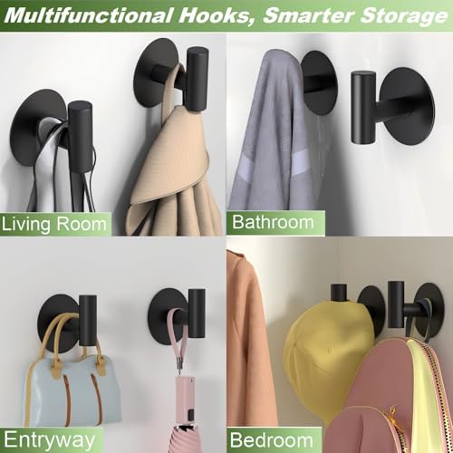 Self-Adhesive Coat Hooks, Stainless Steel Heavy Duty Wall Hooks, Towel Hooks for Hanging Robes, Aprons, Coats and Hats in Bathrooms,Kitchens and Hotels(Black, 4 Pack) - color: Black, size: Adhesive "T" Shape- 4 Pack