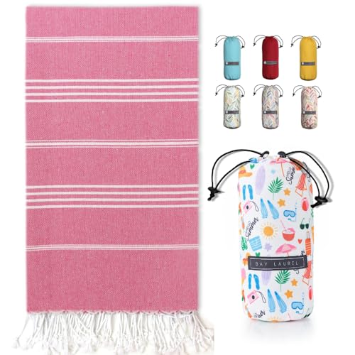 BAY LAUREL Turkish Beach Towel with Travel Bag 39 x 71 Quick Dry Sand Free Lightweight Large Oversized Towels Light - color: Pink With Mix White
