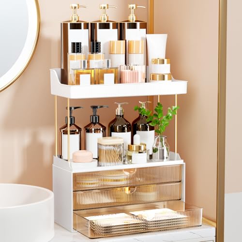 StorBin 3 Large Drawers Makeup Organizer - 5 Tier Bathroom Counter Organizers and Storage, Versatile Perfume Vanity Organizer, Ideal for Cosmetic, Large Skincare, Face Mask, Office Supplies, Amber - color: Amber, size: 3 Drawers