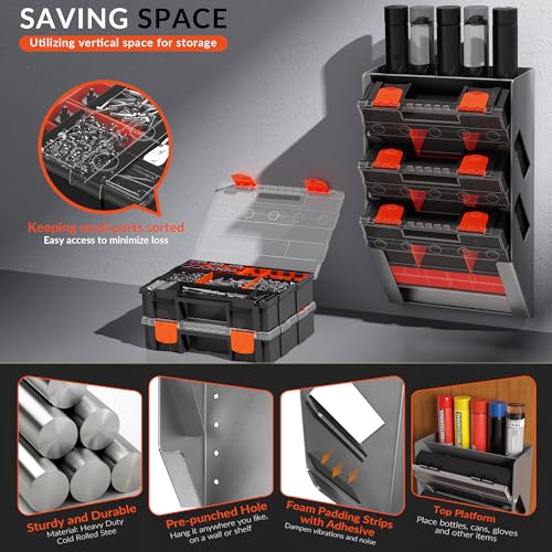 Hanging Tote Kit for Van Shelving Storage, Work Van Organizers and Storage Boxes, 3 Small Parts Tool Box Organizer 63 Compartments and 1 Metal Hanging Organizer Holder, Van Shelf Accessories