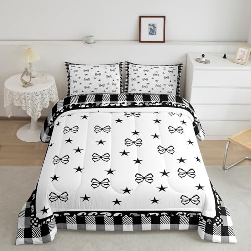 Feelyou Black Bow Kids Bedding Set,Boys Girls Twin Size,Star Print Comforter Set,Cute Coquette Bow Knot Duvet Quilt,Black White Plaid Comforter Bowknot Themed Bedroom Decor - color: Black White, size: Twin