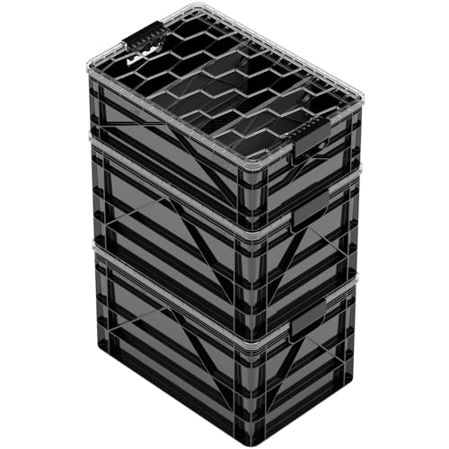 SIDIO Crate Pro Pack - 2 Full-Size & 1 Half-Size Heavy Duty Stackable Storage Bins, Totes and Containers with Lids and Dividers - Durable Plastic Organizer for Home, Office, Garage, and Outdoor Use - color: Black
