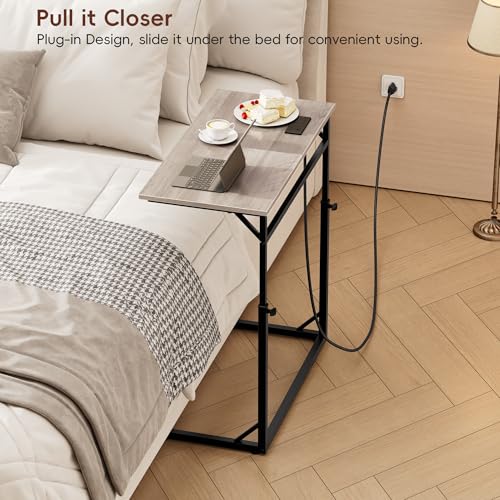 Vagusicc C Shaped End Table with Charging Station, C-Table End Table Adjustable Height Side Table for Couch, Large Couch Table, Slide Under Couch Table TV Tray Table for Sofa,Living Room,Bedroom, Grey - color: Greige, style: With Plug