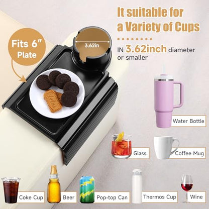 SINWANT Couch Cup Holder Tray,Foldable Sofa Arm Clip on Tray Table with 360° Rotation Cup Holder,Bamboo Anti-Slip Couch Armrest Table for Coffee Cup,Water Bottles,Mug,Snacks,Remote on Large Armrest - color: Black