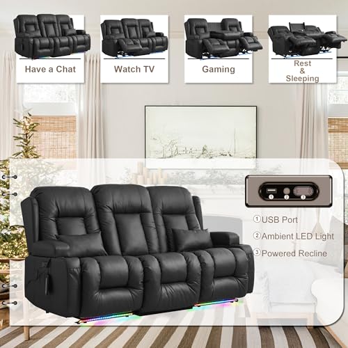 TUNYI Power Loveseat Recliner Sofa with Massage & Heat Home Theater Seating with Console RV Recliner Loveseat Sofa with USB/Storage/Side Pocket/LED Light/Speaker (Black, 3 Seat) - color: Black, size: 3 Seat