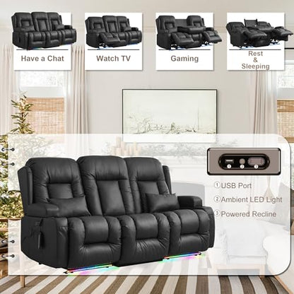 TUNYI Power Loveseat Recliner Sofa with Massage & Heat Home Theater Seating with Console RV Recliner Loveseat Sofa with USB/Storage/Side Pocket/LED Light/Speaker (Black, 3 Seat) - color: Black, size: 3 Seat