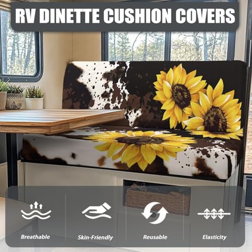 Cow Print Sunflower RV Dinette Cushion Covers 2 Pack RV Replacement Stretch Sofa Seat Slipcovers Universal Comfortable Camper Cushion Slipcover RV Accessories for Inside - color: Cow Print Sunflower