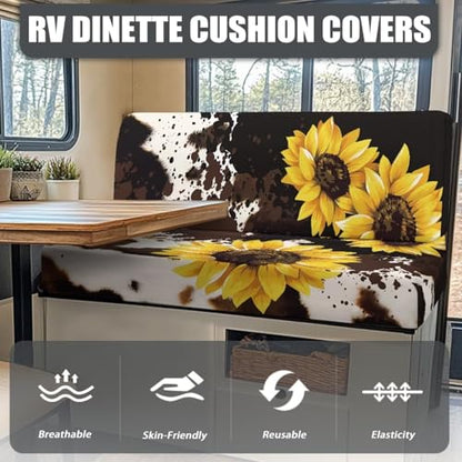 Cow Print Sunflower RV Dinette Cushion Covers 2 Pack RV Replacement Stretch Sofa Seat Slipcovers Universal Comfortable Camper Cushion Slipcover RV Accessories for Inside - color: Cow Print Sunflower