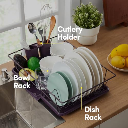 Space-Saving 3-Piece Dish Drainer Rack Set: Efficient Kitchen Organizer for Quick Drying and Storage - Includes Cutlery Holder and Drainboard - Maximize Countertop Space, Eggplant Purple - color: Eggplant Purple