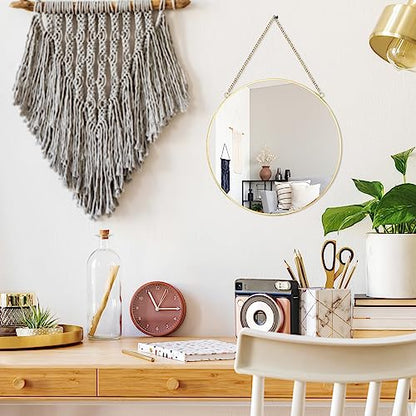LONGWIN Hanging Wall Circle Mirror Decor Gold Geometric Mirror with Chain for Bathroom Bedroom Living Room 11.8" - size: 11.8"L x 11.8"W