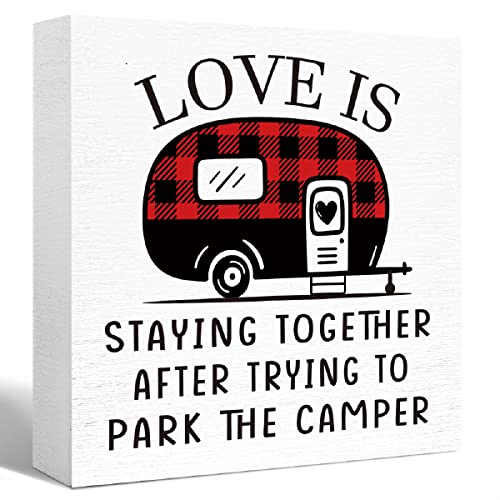 Funny Camping Wood Box Sign Rustic Love is Saying Together After Trying to Park the Camper Wood Block Sign Home RV Camper Decor,Camper Decorations Accessories for Inside,Camping Gifts - color: Love is Saying Together
