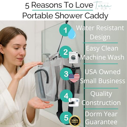 TERRA HOME Portable Shower Caddy Bag- Large Capacity, Quick Dry with Metal Hook - Hanging Shower Bag - Breathable Mesh Toiletry Shower Tote for Gym and College Dorm (Grey, Extra Large) - color: Grey
