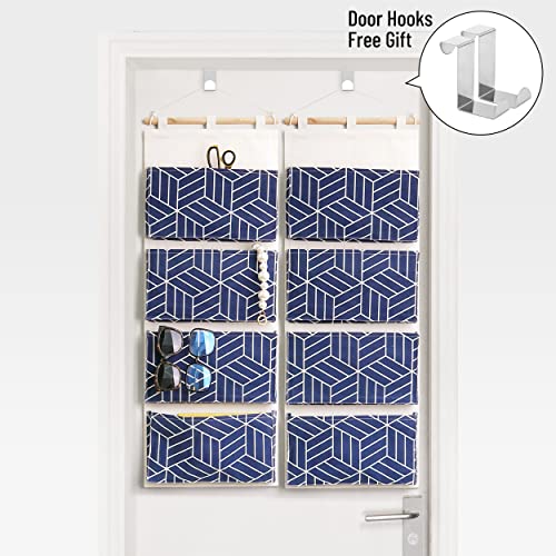CROWNED 2Pcs Over Door Hanging Storage Bags Wall Mount Closet Organizer, 4 Big Pockets Linen Cotton Fabric Multi Functional Living Room Bedroom Bathroom File Magazine Waterproof Free Hooks Navy - color: Navy