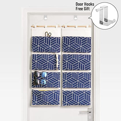 CROWNED 2Pcs Over Door Hanging Storage Bags Wall Mount Closet Organizer, 4 Big Pockets Linen Cotton Fabric Multi Functional Living Room Bedroom Bathroom File Magazine Waterproof Free Hooks Navy - color: Navy