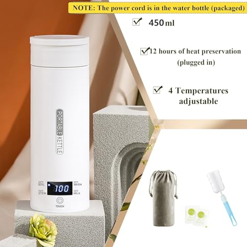 Electric Travel Kettle, Portable Tea Maker - 450ML Stainless Steel (White) with 4 Variable Presets - color: Whit-450ml