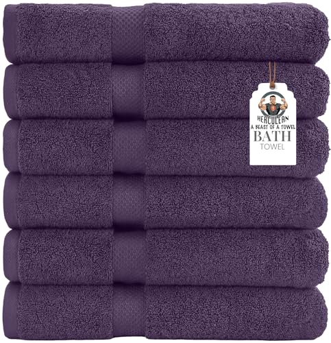 HERCULEAN Premium Bath Towels 24 x 48 Pack of 6 | Quick Dry and Highly Absorbent | 100% Cotton Terry Towels for Bathroom - Perfect for Shower - Pool and Spa - Luxury Soft Towels - Plum - color: Plum, size: 24" x 48" PK 6