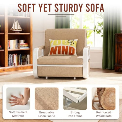 42.5" Pull Out Sofa Bed, 3 in 1 Convertible Sleeper Sofa, Single Loveseat Couch Bed with Storage, Trundle and 2 Pillows for Living Room, Bedroom, Dorm, Office, RV (Saddle Tan) - size: 40"- Single