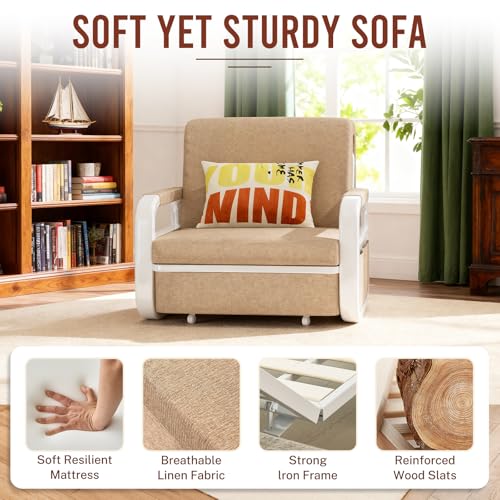 42.5" Pull Out Sofa Bed, 3 in 1 Convertible Sleeper Sofa, Single Loveseat Couch Bed with Storage, Trundle and 2 Pillows for Living Room, Bedroom, Dorm, Office, RV (Saddle Tan) - size: 40"- Single