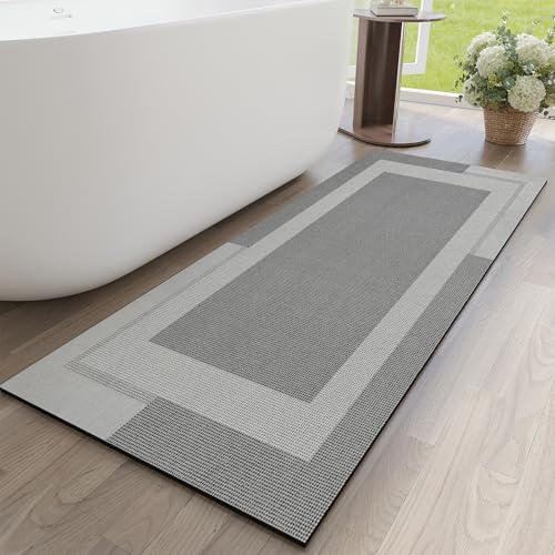 YDKGL Non Slip Long Bathroom Runner Rug Bath Mat, Rubber Backing Ultra Thin Bathroom Rugs Fit Under Door Quick Dry Super Absorbent Washable Shower Mat for Bathtub Sink Floor, Grey 17"x59" - color: A- Light Gray, size: 17” x 59“