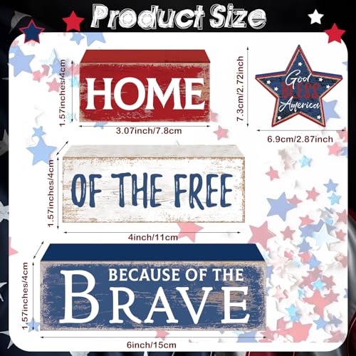 Huquary 4 Pcs 4th of July Decorations Patriotic Memorial Day Table Sign Independence Day Table Wood Decorations Red White Blue Block for Office Tiered Tray Home Shelf 250th Anniversary(Retro Star)