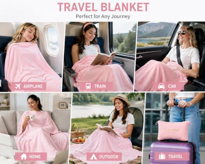 K.Garden Travel Throw Blanket Pillow, Pink | 2 in 1, Soft, Compact, Luggage Backpack Strap, Airplane Flight Essentials