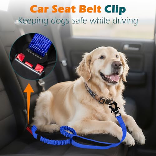 PetBonus Heavy Duty Tactical Dog Leash, 5 FT Bungee Shock Absorption Leash with 2 Padded Handles, Quick Release Metal Clip, Car Seatbelt, No Pull Training Lead for Large Medium Dogs（Blue） - color: Blue