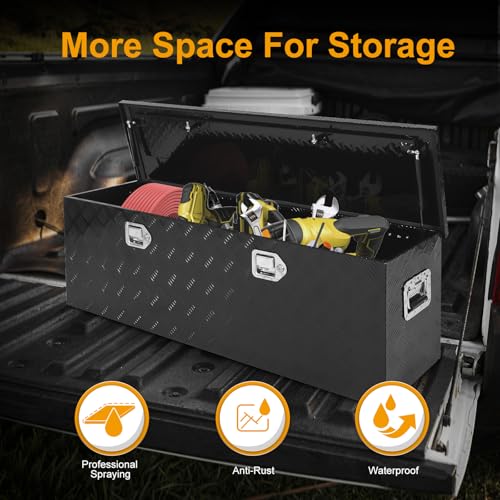 Black 48 Inch Truck Chest Tool box Heavy Duty Aluminum Stripes Plated Pick Up Truck Bed Box Waterproof RV Toolbox Storage with Side Handle and Lock Keys –48"x14"x16" - color: Black, size: 48"x14"x16"