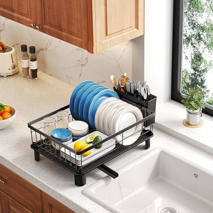 SNTD Dish Drying Rack - Space-Saving Dish Rack for Kitchen Counter, Stainless Steel Dish Drainer with Utensil Holder and Drainboard, 11" W x 15" L (Black) - color: Black, size: 11" W x 15" L