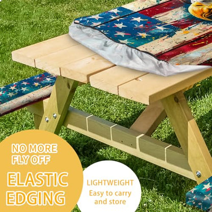 Picnic Table Cover with Bench Covers Camping Essentials Waterproof Windproof Camping Tablecloth with Elastic, Fits Table 30"x 72" Rectangle and Seats, Wood Grain American Flag - color: Wood Grain American Flag