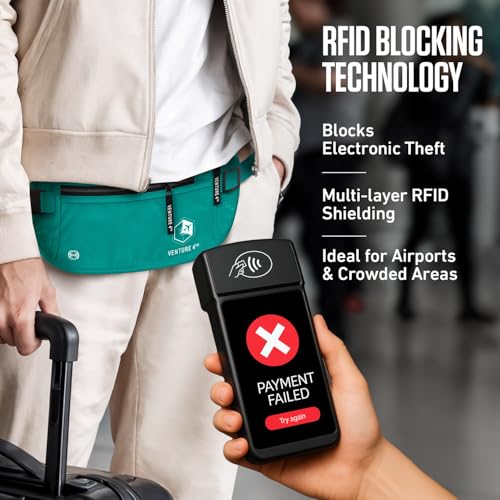 VENTURE 4TH Money Belt for Travel – Slim Hidden Under-Clothes RFID Blocking Anti-Theft Passport Holder & Travel Wallet Pouch for Men & Women to Protect Cash, Cards & Documents (Turquoise) - color: Turquoise