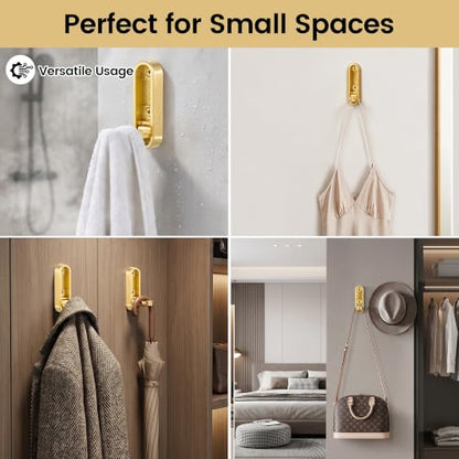 2PCS Foldable Wall Hooks, Flip Down Design with 40 lbs Heavy-Duty Capacity, Retractable Wall Hooks for Bathroom, Bedroom & Entryway Space Saving (Gold) - color: Gold, size: 2 Hooks