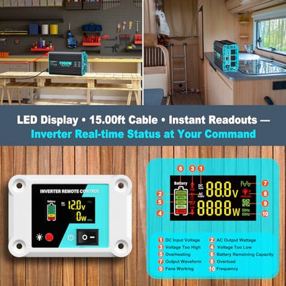 1000 Watt Pure Sine Wave Inverter, Power Inverter for Car, Camping, Solar, RV, Truck, Home, 12V DC to 120V AC Inverters with 3 AC Outlet, 30W USB-C, 5V 3.1A USB, Remote Control, Surge 2000W - color: Black+Blue, size: 12V-1000W Pure Sine Wave Inverter