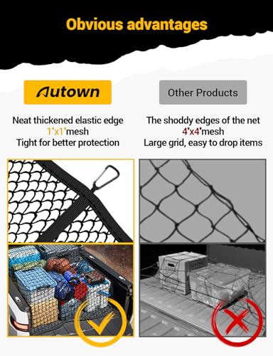 AUTOWN Cargo Net for Pickup Truck Bed - Stretchable 4'x4' to 7'x7', High Elastic Fine Mesh 1''x1'' with 8 Metal Carabiners - Ideal for ATV, SUV, UTV, Truck and Boat Use (Single Layer) - size: Single Layer