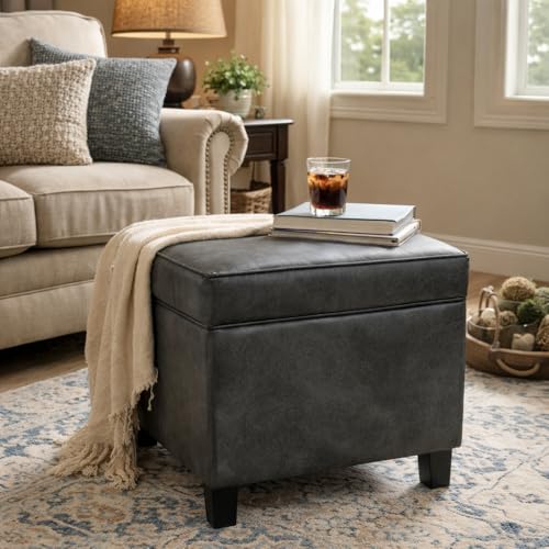 HomePop Square Ottoman with Lift Off Top - Gray Faux Leather Small - color: Grey
