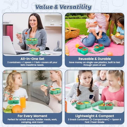Silicone Snack Containers for Kids, Green, 8.5Oz, 2-Compartment | Includes Spoon and Fork, BPA Free, Leak Proof, Great for Toddler/Kid/Adult Meal Prep - color: green